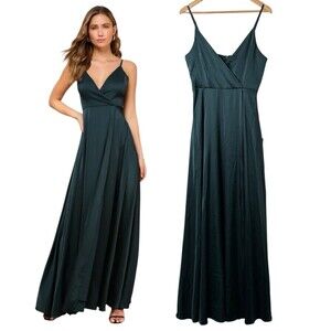 Lulus Ode to Love Emerald Green Satin Maxi Slip Gown Dress V Neck Empire Size L